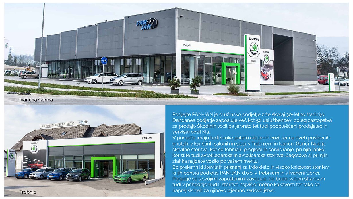 PAN-JAN d.o.o. - Podjejte PAN-JAN je družinsko podjetje z že skoraj 30-letno tradicijo se ukvarja z prodajo Škodinih vozil in pa je vrsto let tudi poobleščeni prodajalec in serviser vozil Kia.